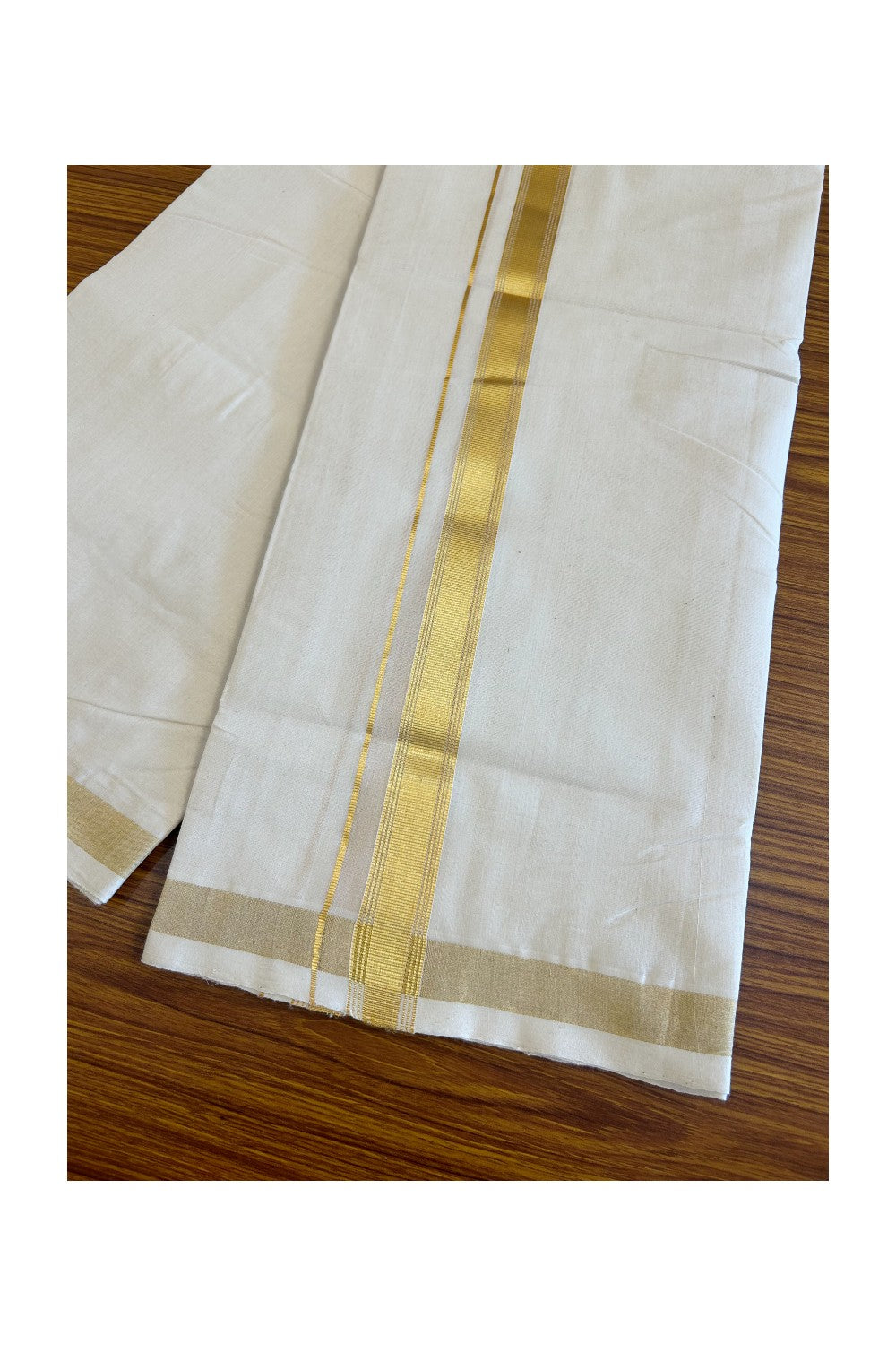 20% DISCOUNT!! KaithariKada HANDLOOM Millpaav Balaramapuram - 100% PURE Cotton OFF White Double Mundu/Dothi - 1.65 Inch Kasavu stripes Kara - 2KK504RAM