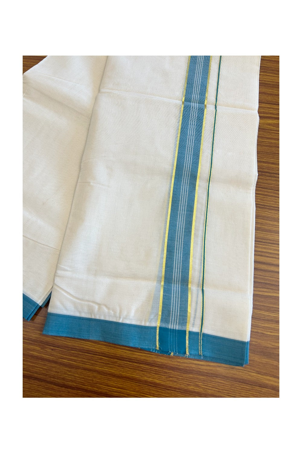 2% Discount KaithariKada Balaramapuram 100% Cotton Double Off white - (Unbleached) - Mundu/Dhoti - 100x100 - 2 inch Kasavu & Green Blue Kara - 121