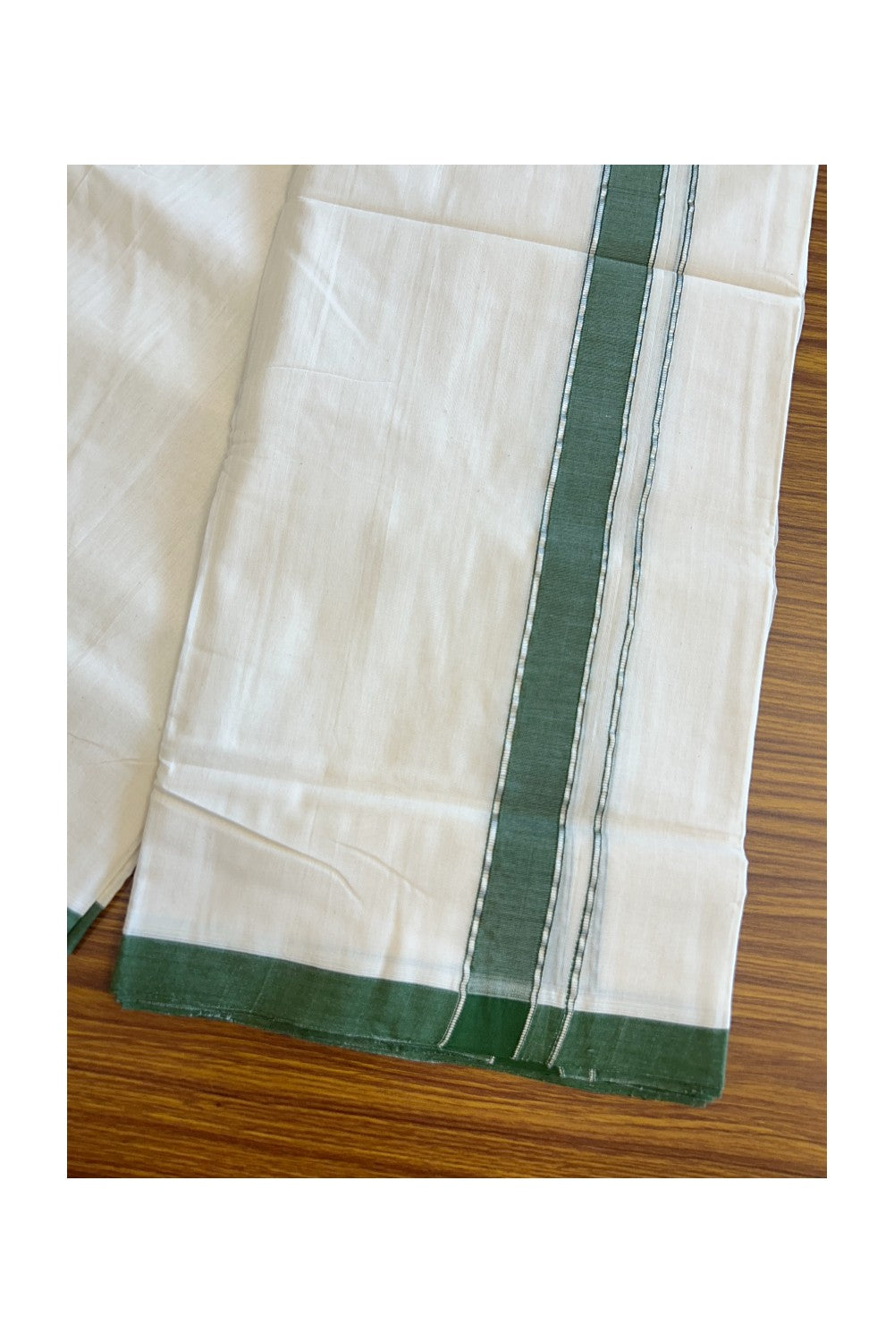 15% DISCOUNT! KaithariKada BALARAMAPURAM HANDLOOM UNAKKUPAAV - 100% PURE Cotton off white (Unbleached) Double Mundu/Dhoti -  1.75 inch Silver Kasavu & Green Stripes Kara-59