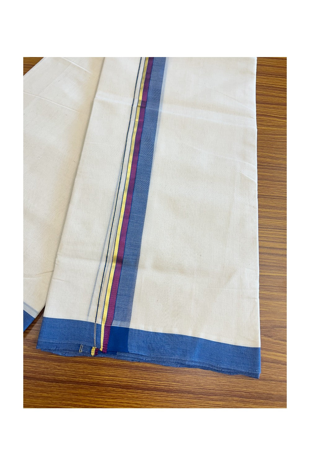 19% DISCOUNT!! KaithariKada HANDLOOM Millpaav Balaramapuram - 100% PURE Cotton OFF White Double - (Unbleached) Mundu/Dothi - 1.75 Inch Blue & Purple Gold Kasav Kara - 2KK5056RAM