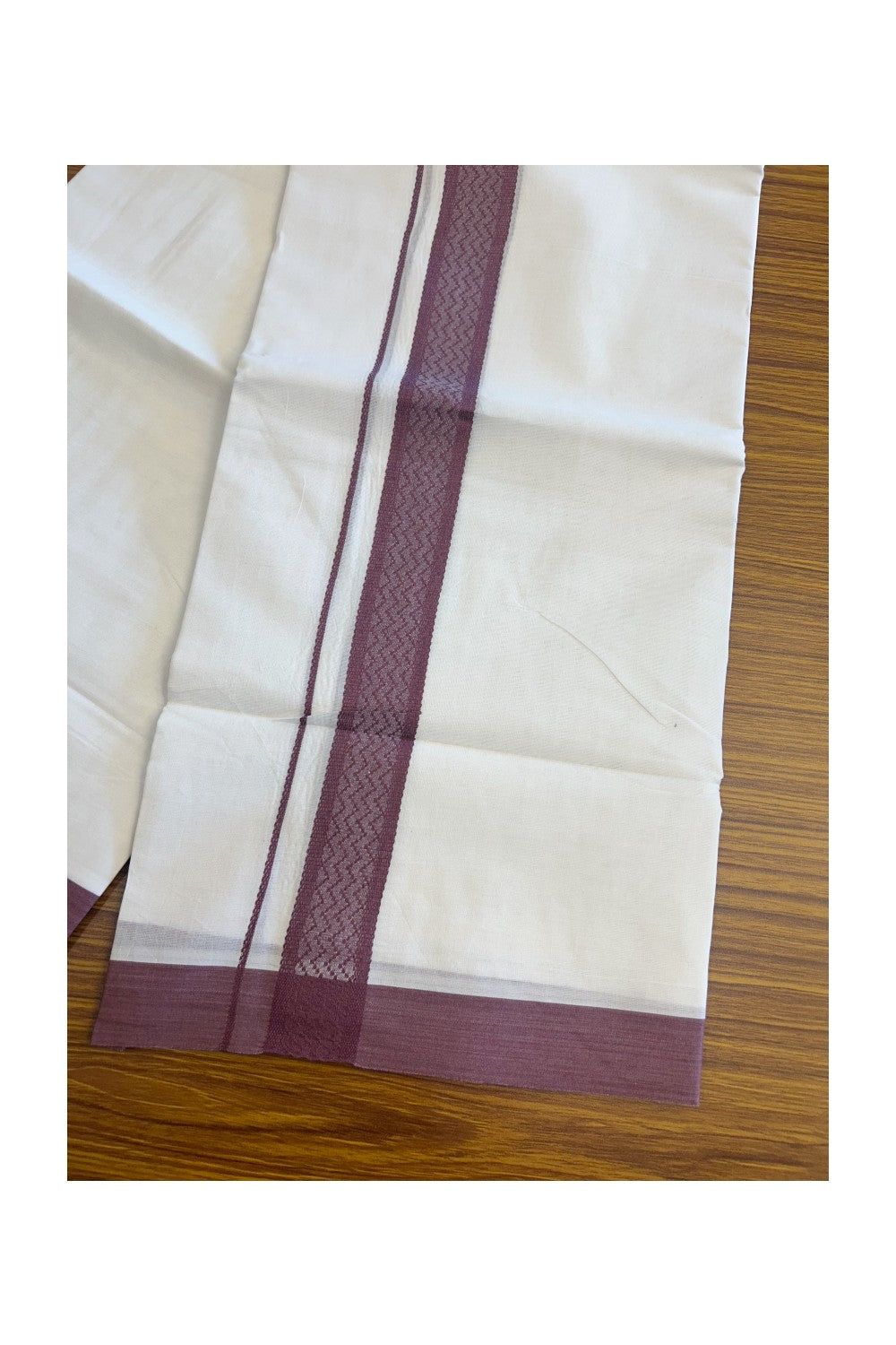 19% Discount!!! KaithariKada Balaramapuram PURE WHITE Double  Mundu/Dhoti - 80X90 - 2 inch  Wine Purple pattern kara 3.85 meters - 2KK5058GUN