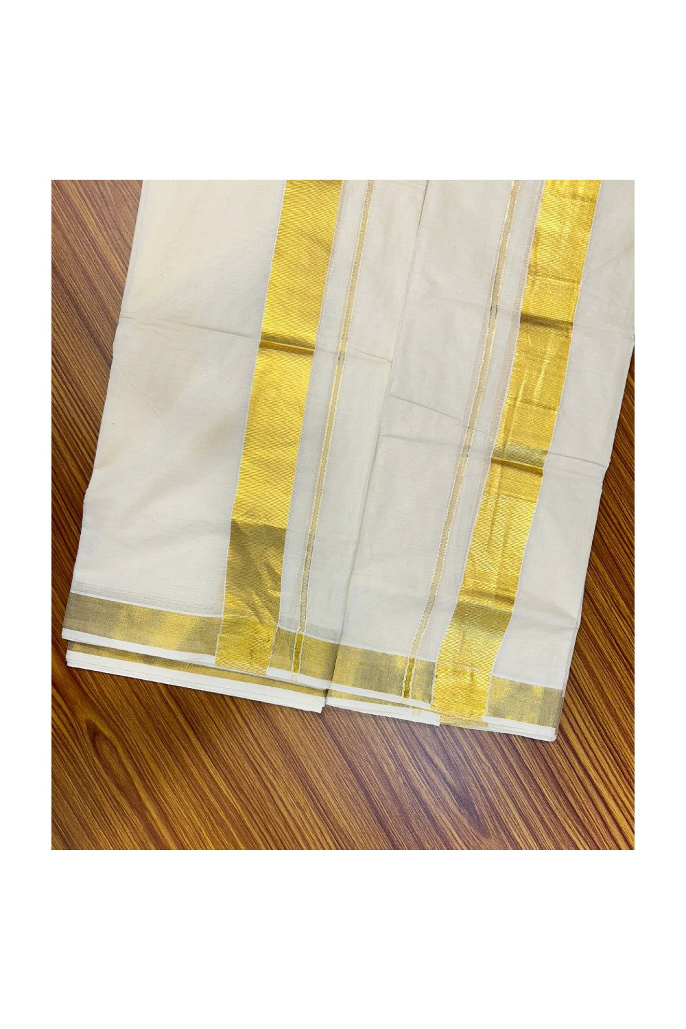 30% Discount !! KaithariKada Balaramapuram 100% Cotton Double Off White - (Unbleached) Mundu/Dhoti & Neriyath (80X72) -  2.75 inch Gold Kasavu kara - 2KK5064KK