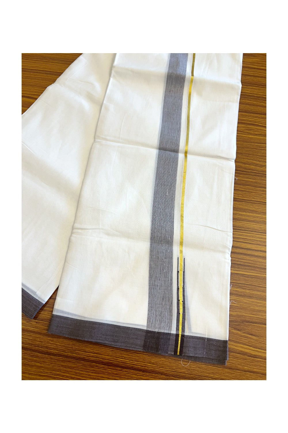 17% DISCOUNT!! KaithariKada Balaramapuram 100% Cotton PURE WHITE Double Mundu/Dhoti-100x100  1.25inch Puliyilakkara  BROWN AND KASAVU Chutty Pattern KARA - 2KK5067KK