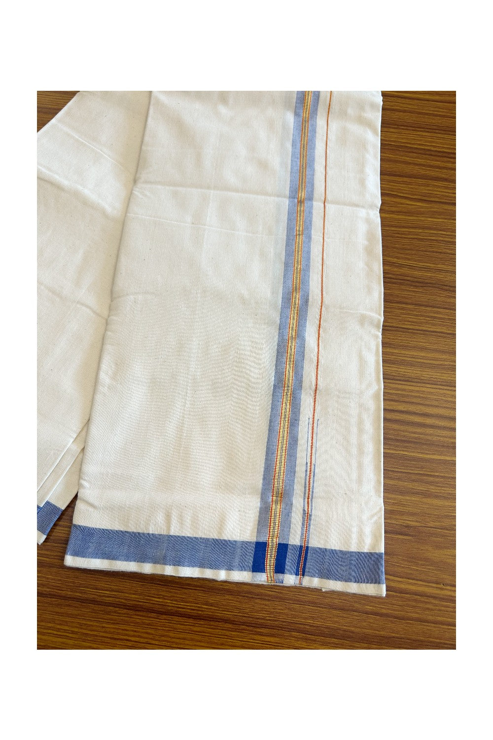 32% Discount ! KaithariKada 100% Cotton Balaramapuram HANDLOOM Single Mundu/Dhoti - Off White (Unbleached) 1.Inch Blue & Red Stripes Kasavu Puliyilakkara Chutty- KAIR03.