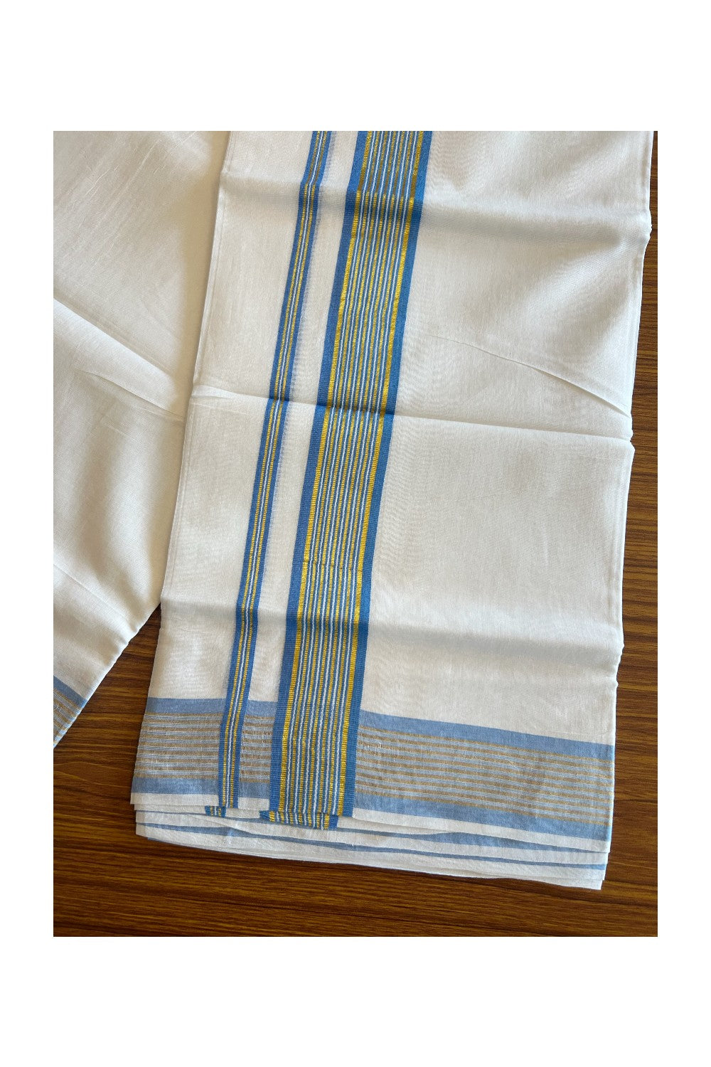 KaithariKada 100% Cotton PURE HANDLOOM White Double Dhoti/Mundu - 2.75 inch Blue&Kasavu Stripes