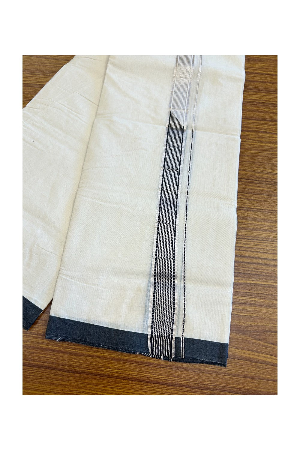 19% Discount !! KaithariKada Balaramapuram 100% Cotton Double Off White - (Unbleached) Mundu/Dhoti-100x100 1.5 inch Heavy Chutty Silver Kasavu & Black Striped kara - 8KK5055ASH