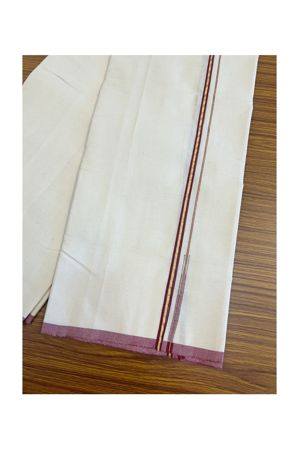 SIGNATURE KAITHARIKADA EXCLUSIVE SINGLE DHOTI - 100% Cotton Balaramapuram HANDLOOM Single Mundu/Dhoti - Off White - (Unbleached) 1 cm Maroon & KASAVU Chutty Kara- 2KK5075KAI