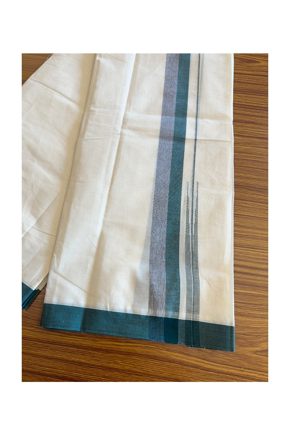 5% Discount!!! KaithariKada Balaramapuram  Double Off white - (Unbleached) Mundu/Dhoti - 80X90 - 1.75 inch Green & Violet Shaded puliyilakkara striped chutty - 2KK5077KAI