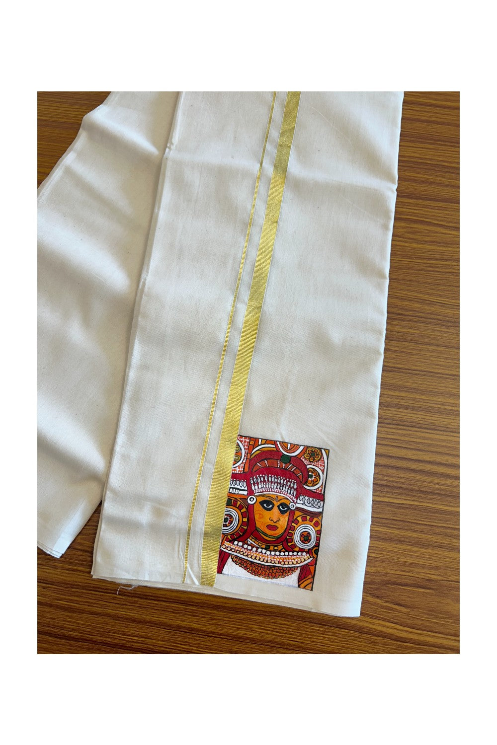 KaithariKada Balaramapuram 100% Cotton Double Off white - (Ubleached) Mundu/Dhoti-100x80 1 inch Kasavu & Hand Painted Theyyam Design Kara 3.70 meter- 2KK5083ASH