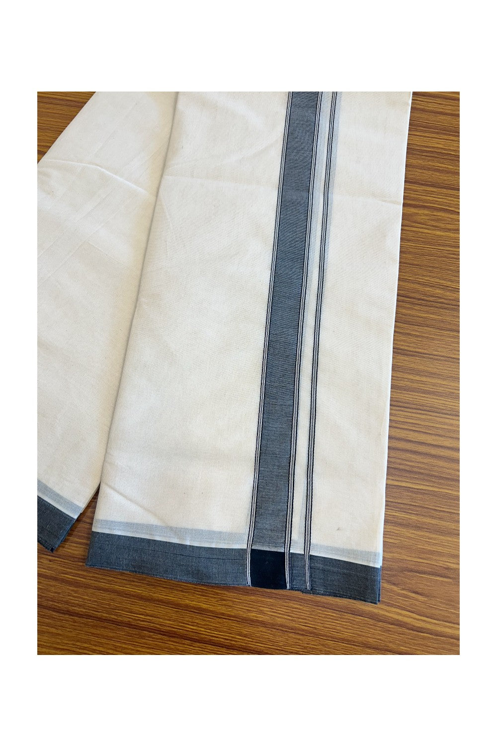 19% Discount !! KaithariKada Balaramapuram 100% Cotton Double Off white - (Unbleached) Mundu/Dhoti-100x80 - 2 inch Black Kara 3.80 mtrs (8 Muzham) - 2KK5084ASH