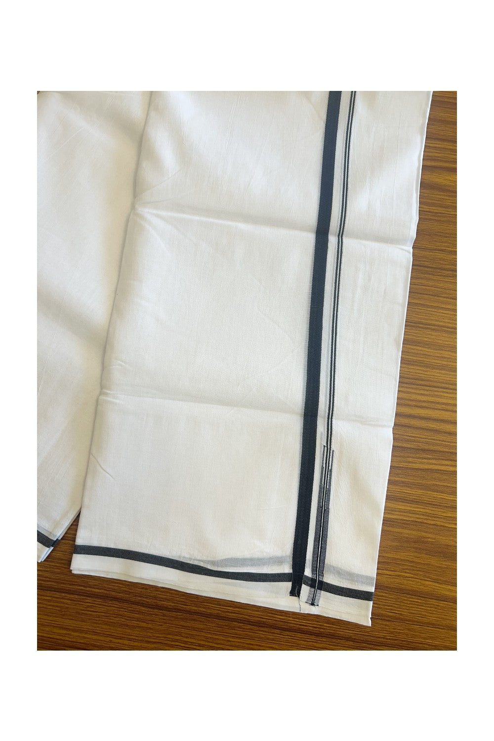 19% DISCOUNT!!  KaithariKada Balaramapuram 100% Cotton PURE WHITE Double Mundu/Dhoti-100x100 1 cm Puliyilakkara Black Chutty Kara - 2KK5086ASH