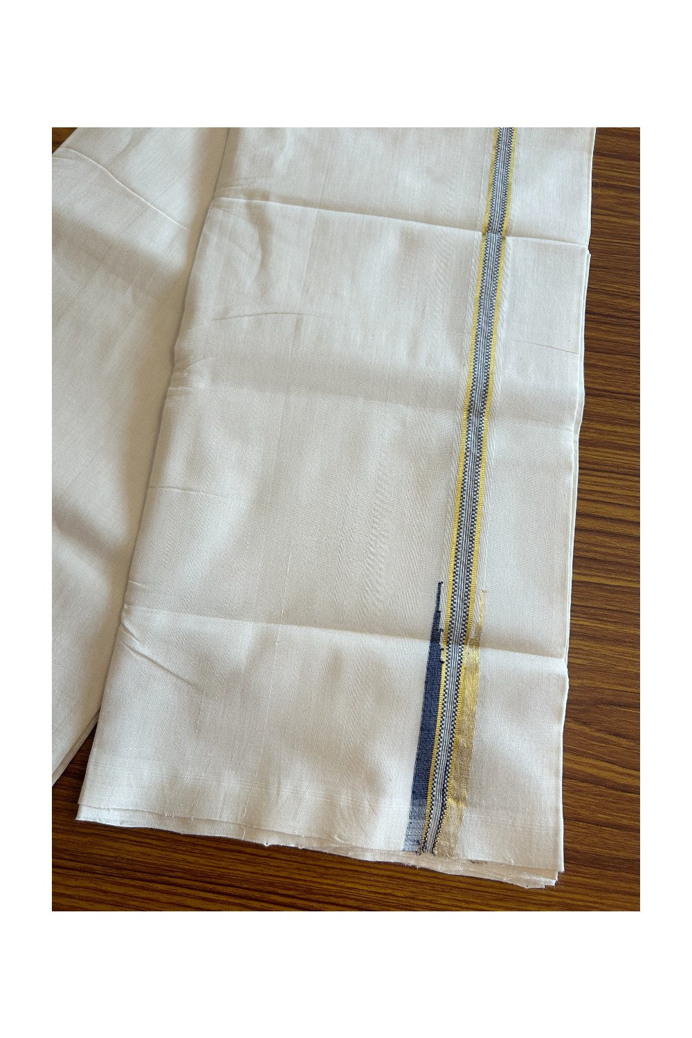 19% DISCOUNT!! KaithariKada HANDLOOM Unakkupaav Balaramapuram - 100% PURE Cotton OFF White Double - (Unbleached) Mundu/Dothi -1 inch puliyilakkara Navy Blue & Gold Kasavu Chutty Kara- 2KK5089YAR