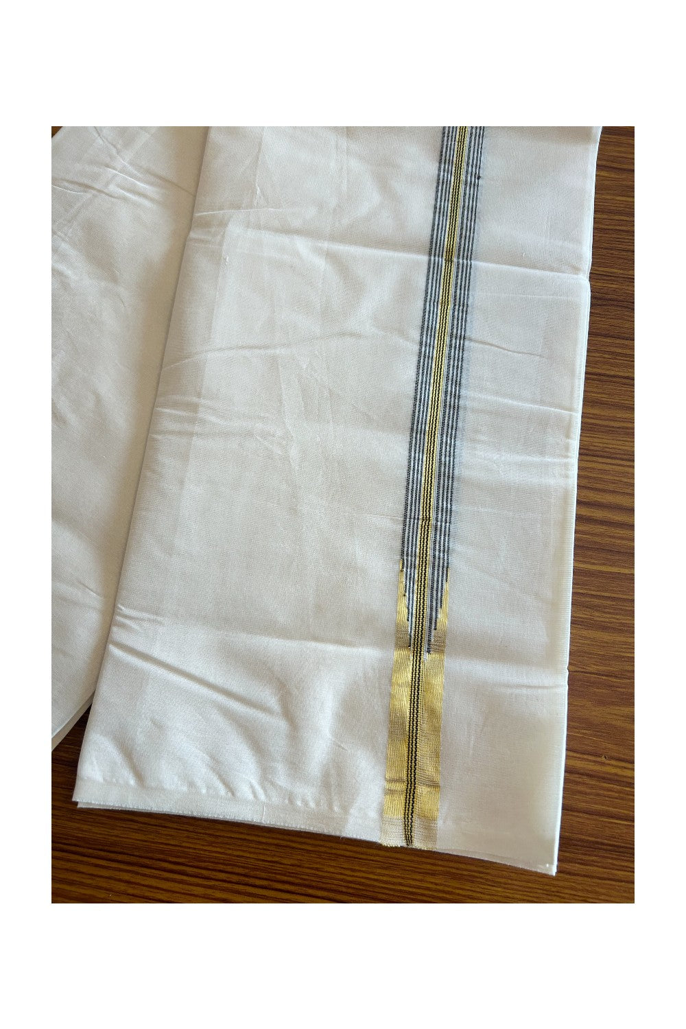 SHORT DHOTI SPECIAL! Kaitharikada.com - 26% Discount! Balaramapuram Double Off white - (Unbleached) Mundu/Dhoti - 100X100 - 1 inch Kara & 46 inches Height Puliyilakkara Chutty Gold Kasavu & Black Striped Design Kara - 2KK5090ASH