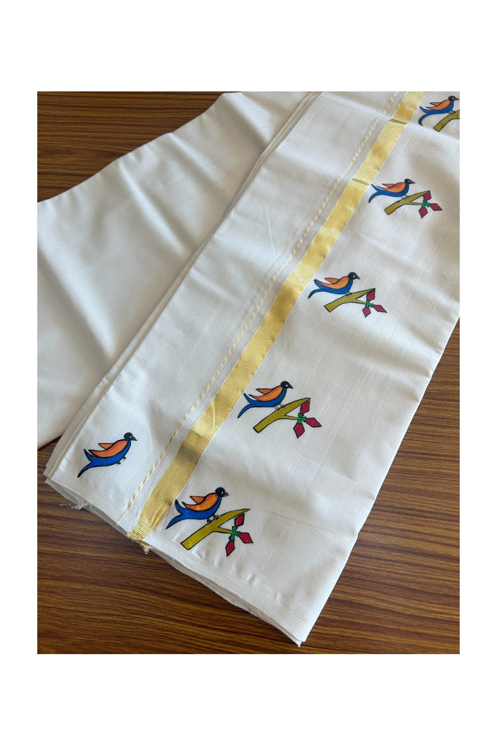 KaithariKada HANDLOOM Millpaav Balaramapuram - 100% PURE Cotton OFF White - (Unbleached) Double Mundu/Dothi - 1.25 Inch Kasavu kara Hand Painted Bird Design - 2KK5091RAM