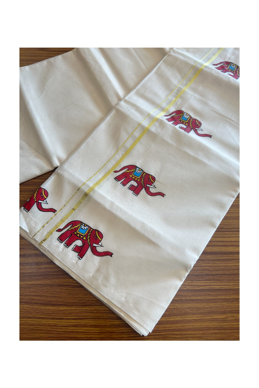 KaithariKada Balaramapuram 100% Cotton Double Off white - (Unbleached) Mundu/Dhoti - 100x80 0.75 inch Kasavu & Hand Painted Elephant Design Kara 3.72 meter - 2KK5092ASH