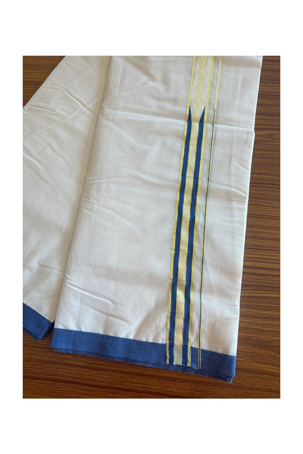 19% DISCOUNT! KaithariKada Balaramapuram 100% Cotton Double Off white - (Unbleached) Mundu/Dhoti-100x100 Chutty Heavy Designer Blue & Kasavu 1.25 inch Kara- 2KK5093ASH