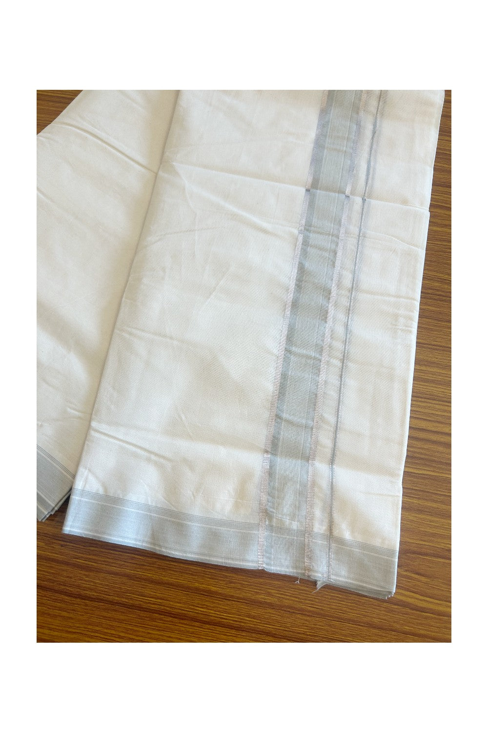 19% DISCOUNT ! KaithariKada 100% Cotton OFF WHITE (Unbleached) Double Dhoti/Mundu- 2.5 inch Ash Grey & Silver Striped Kara 4.46 Meters (9.56 Muzham) - 2KK5095ASH