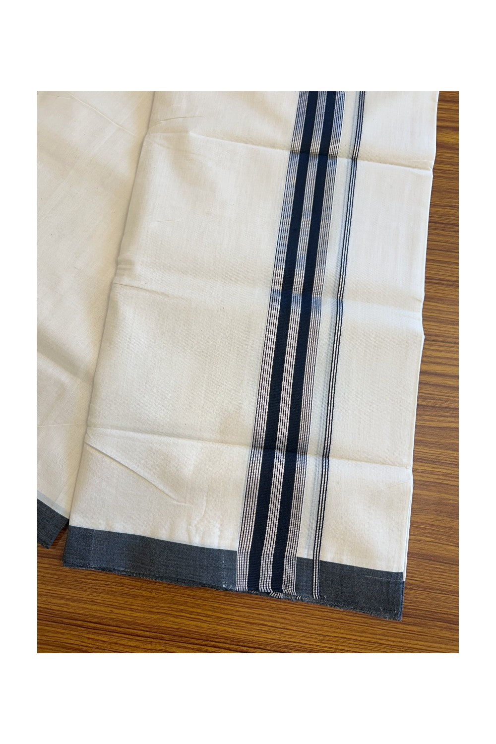 19% Discount! KaithariKada HANDLOOM UNAKKUPAAV Balaramapuram - 100% Cotton Double OFF White (Unbleached) - Mundu/Dhoti - 100x100 2.25 inch BLACK & Silver kasavu Stripes Kara - 2KK5096YAR