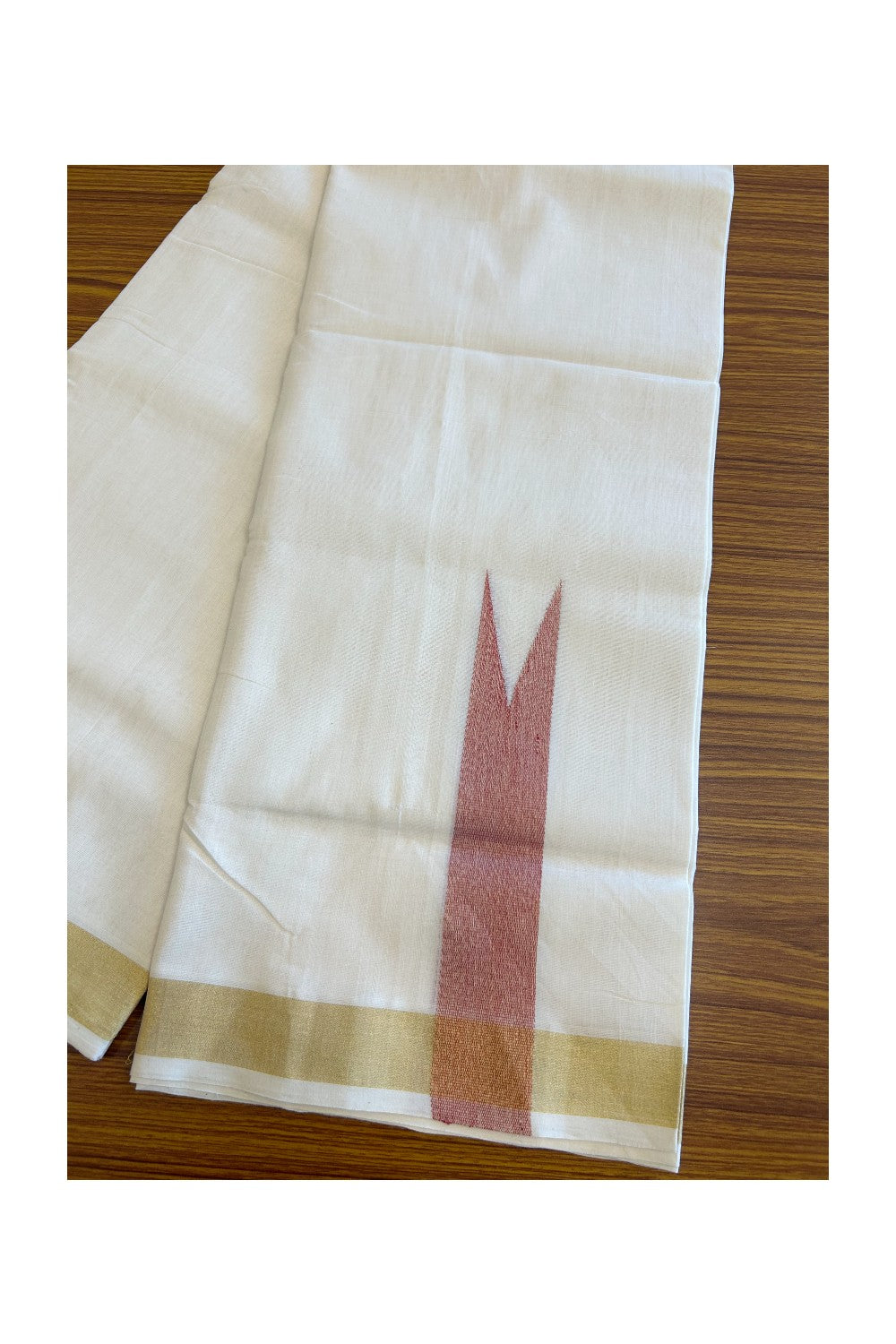 30% DISCOUNT ! KaithariKada HANDLOOM Unakkupaav Balaramapuram - 100% PURE Cotton Off White - (Unbleached) Double Mundu/Dhoti - 100x100 Kasavu 1.5 Inch DEEP RED Chutty - 2KK5097ABH