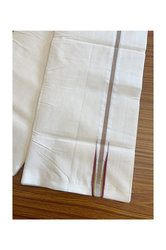 30% DISCOUNT!! KaithariKada HANDLOOM Millpaav Balaramapuram - 100% PURE Cotton OFF White - (Unbleached) Double Mundu/Dothi - 1.25 inch Puliyilakkara Green Maroon & Silver Kasavu Striped Chutty Kara - 2KK5105RAM