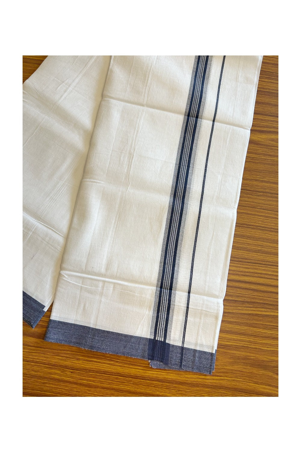 13% DISCOUNT ! KaithariKada Balaramapuram 100% Cotton Pure white Single Mundu/Dhoti - (40S) - 1.25 inch Blue Striped  Kara (2 meter / 4 muzham) - 2KK5109THI