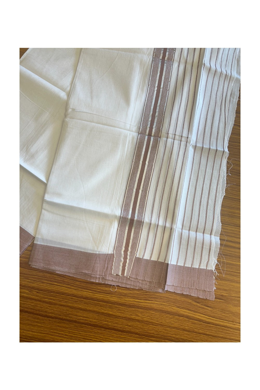 20% Discount !! KaithariKada Balaramapuram Double PURE WHITE Mundu/Dhoti- 100x80 - 7 inch Pale Brown & Silver Striped kara - 3.90 mtr - 2KK5112PMC