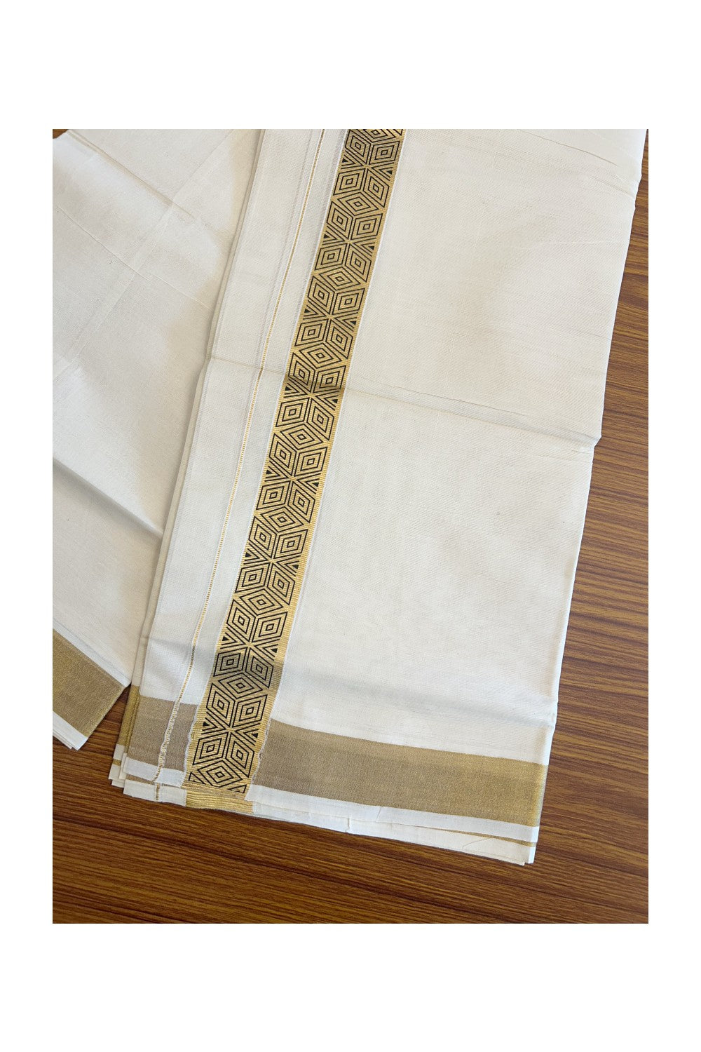 20% DISCOUNT ! KaithariKada Balaramapuram Mixed Cotton OFF White (Unbleached) Double  Mundu/Dhoti - 80x80 Thread Mixed Cotton - 2 inch Gold kasavu & Black designer kara - 2KK5113PMC