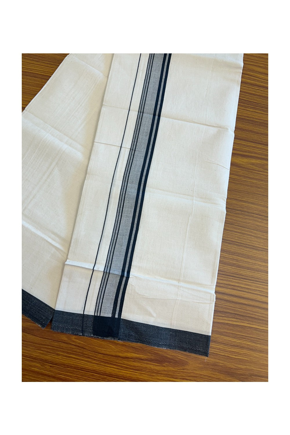 8% Discount ! Kaitharikada Balaramapuram 100% Cotton OFF WHITE SINGLE Mundu/Dothi (40s) - 2 inch Black & white shaded Stripes Kara (2 meter / 4 muzham) - 2KK5114THI