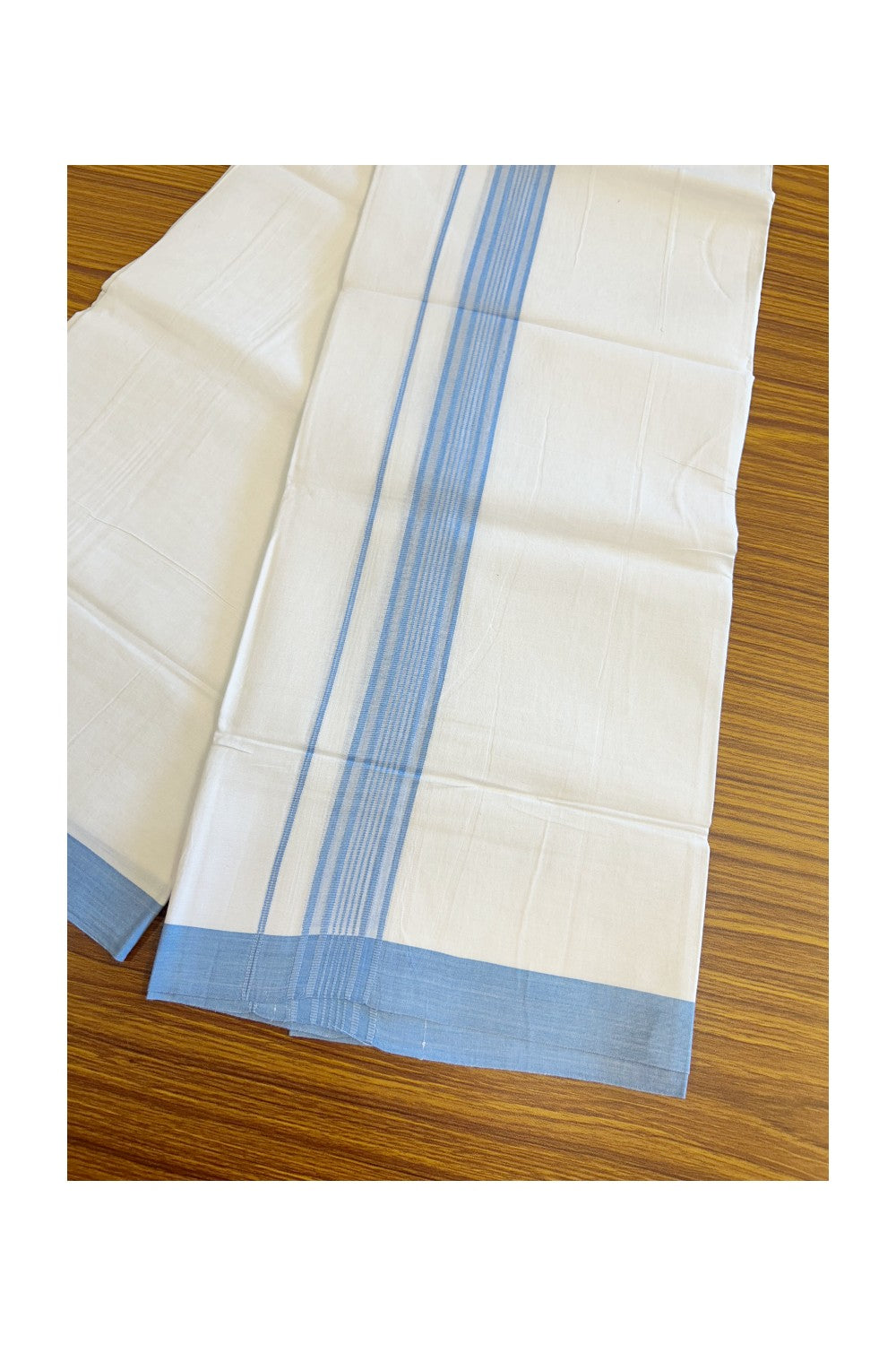 8% DISCOUNT ! KaithariKada Balaramapuram 100% Cotton Pure white Single Mundu/Dhoti - (40S) - 2.15 inch Sky Blue Striped Kara (2 meter / 4 muzham) - 2KK5115THI.