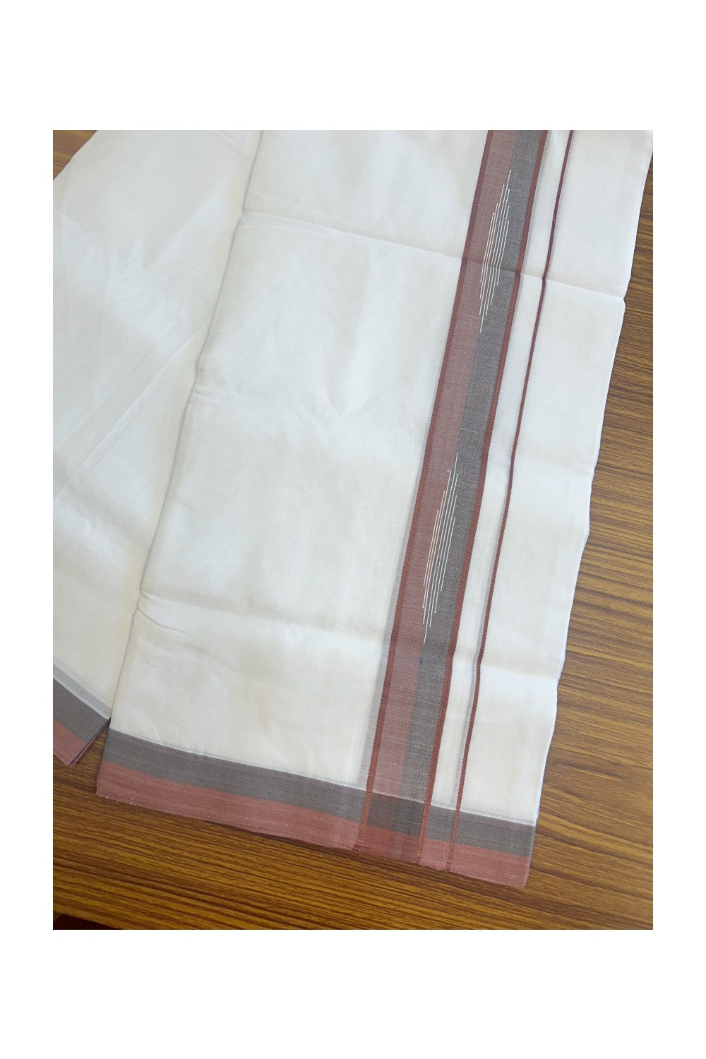 20% DISCOUNT! KaithariKada Balaramapuram 100% Cotton PURE WHITE Double Mundu/Dhoti-100x80 2 inch PENNY BROWN & BLACK shaded designer kara - 2KK5116MR