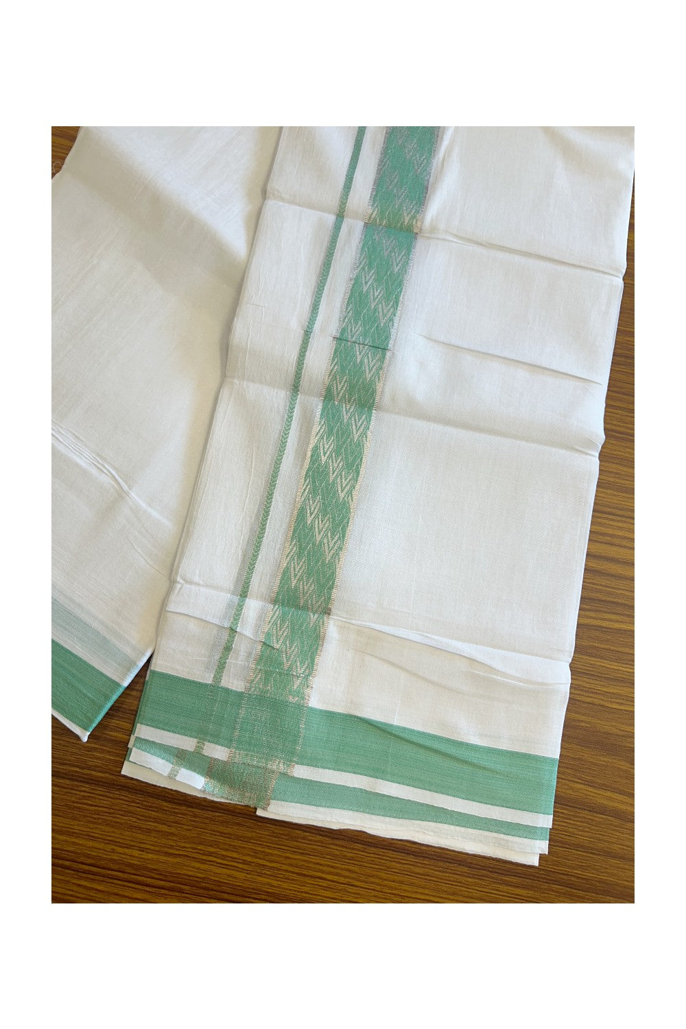 20% DISCOUNT! KaithariKada Balaramapuram 100% Cotton Double PURE white Mundu/Dhoti - 100x80 - 2 Inch Silver kasavu & Mint Green pattern Jacquard Kara - 2KK5118PMC