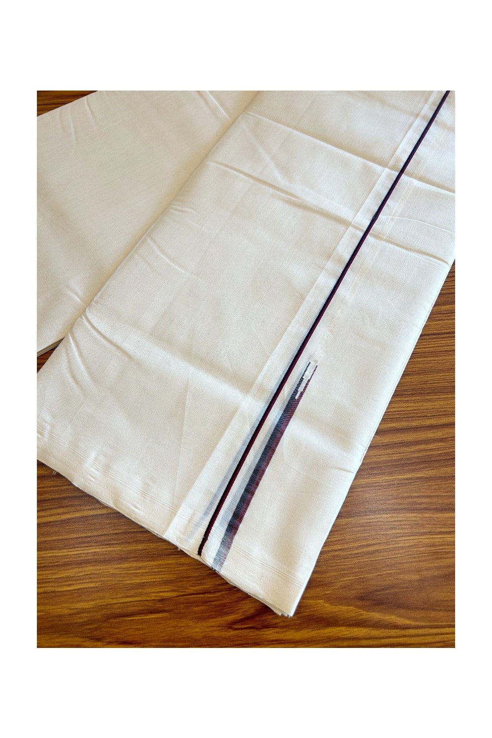 DMK Veshti - 30% DISCOUNT!! KaithariKada BALARAMAPURAM HANDLOOM Unakkupaav - 100% PURE Cotton 100x100 Double Mundu/Dhoti OFF WHITE (Unbleached) - 0.5 cm PULIYILAKKARA BLACK & MAROON chutty - 2KK5119YAR