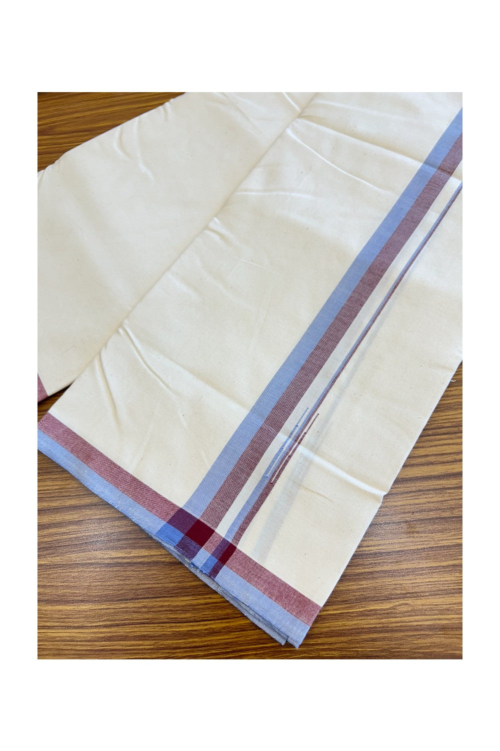 SIGNATURE KAITHARIKADA EXCLUSIVE SINGLE DHOTI - 30% Discount!!  100% Cotton Balaramapuram HANDLOOM Single Mundu/Dhoti - Off White - (Unbleached) 1 inch Lavender Blue & Maroon Puliyilakkara chutty (2 meters /4 muzham) - 2KK5124KAI