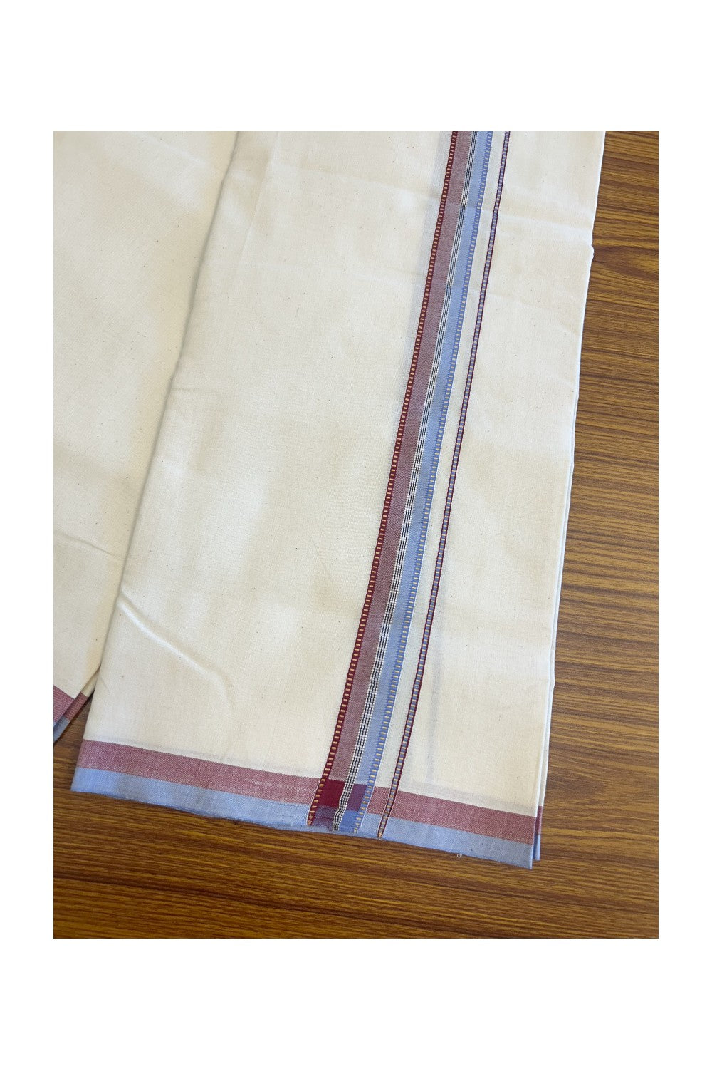 SIGNATURE KAITHARIKADA EXCLUSIVE SINGLE DHOTI - 30% Discount!!  100% Cotton Balaramapuram HANDLOOM Single Mundu/Dhoti - Off White - (Unbleached) 1 inch Lavender Blue & Maroon Kasavu Muthukuri Silver striped kara  (2 meters /4 muzham) - 1KK5131KAI