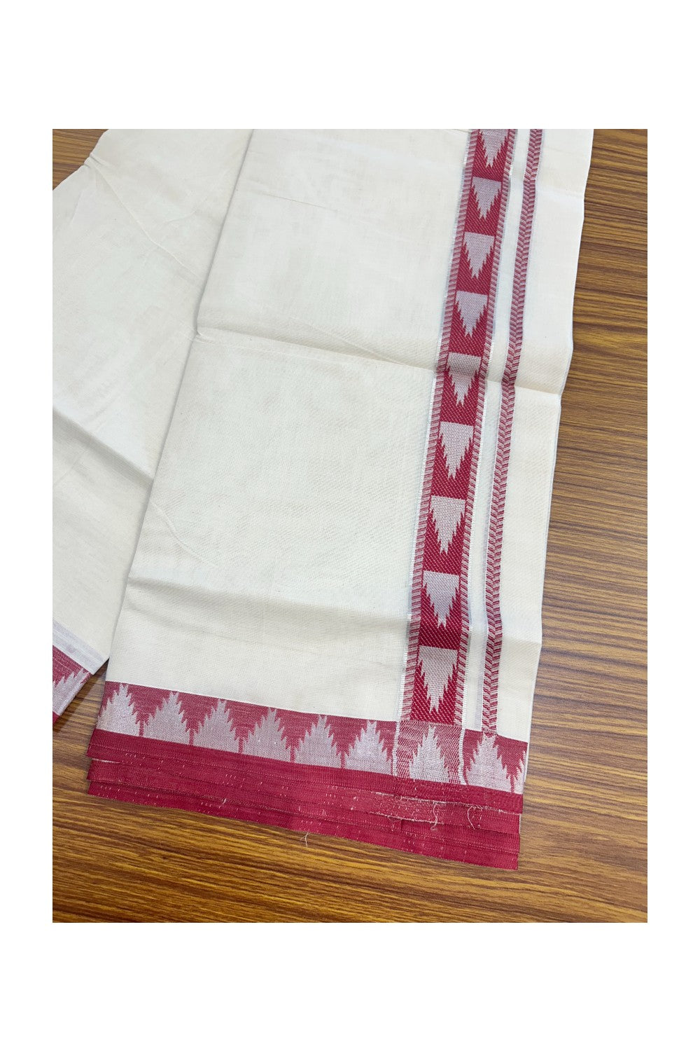 20% DISCOUNT ! KaithariKada Balaramapuram 100% Cotton Double off white  (Unbleached) Mundu/Dhoti - 100X90 - 1.5 inch Silver kasavu & Magenta Red Temple design kara - 2KK5147PMC