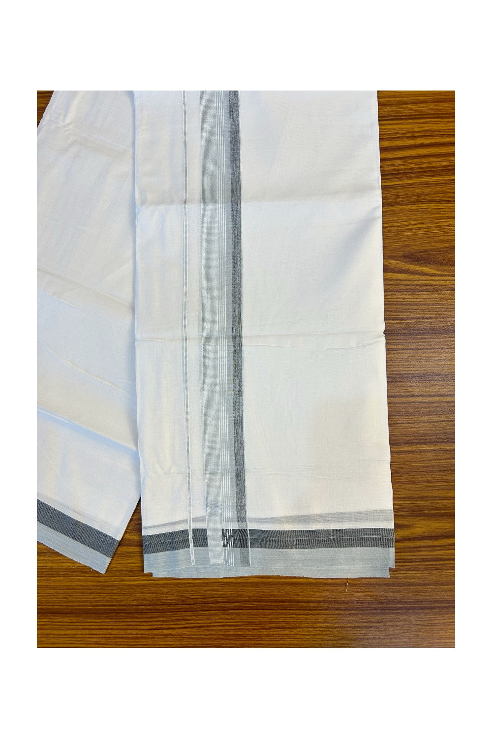 21% DISCOUNT!! Kaitharikada Balaramapuram 100% Cotton Ultra WHITE Double Mundu/Dothi-100x80   2 Inch LIGHT GRAY & WHITE STRIPED Cotton Kara -2KK63VAS.