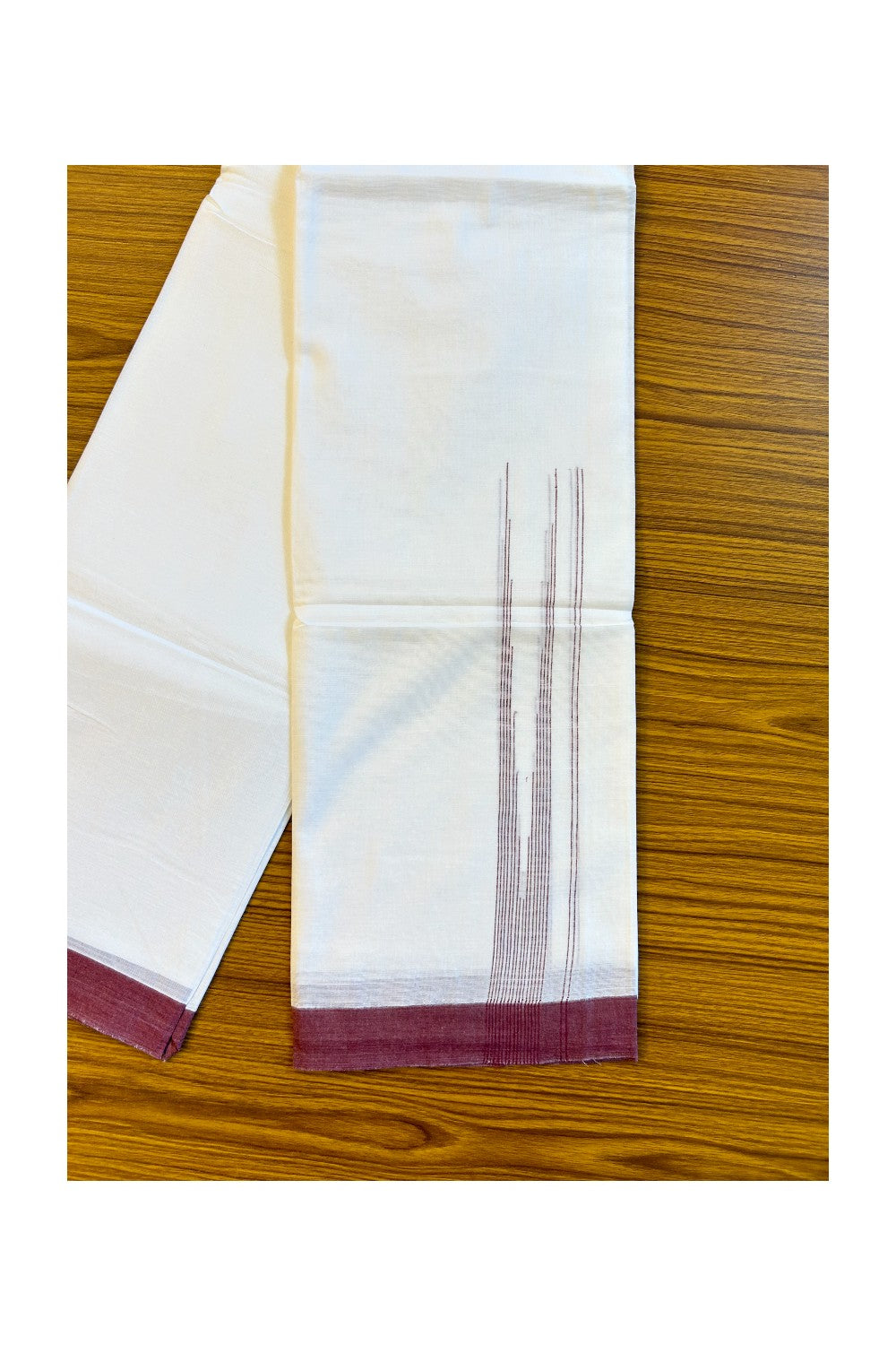 22% DISCOUNT!! Kaitharikada Balaramapuram 100% Cotton Ultra WHITE Double Mundu/Dothi-100x100  1.75 Inch MAROON Striped Cotton Kara 3.80m- 2KK74RAM