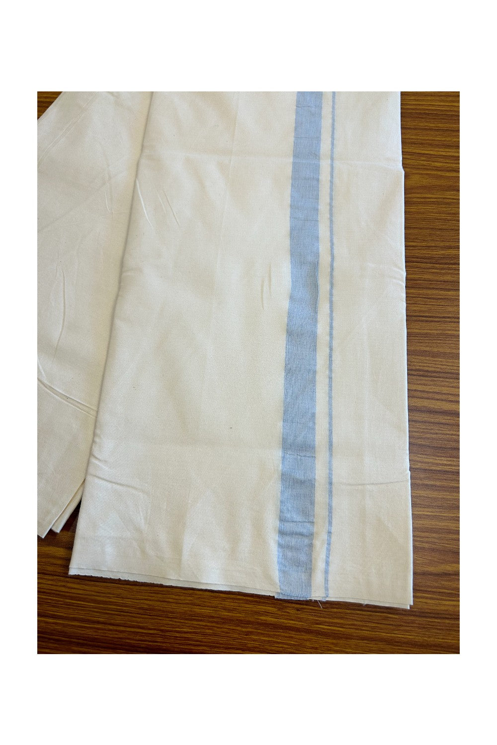 14% DISCOUNT ! KaithariKada Balaramapuram 100% COTTON SINGLE OFF WHITE - (Unbleached) Mundu/Dhoti-Twisted 100s Thread- 1.5 inch Shaded Sky Blue Kara (2 metre / 4 muzham) - 2KK5019ASH