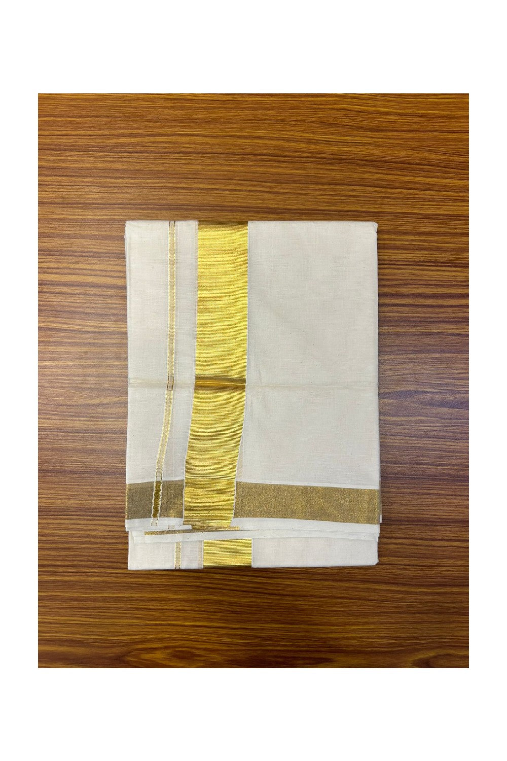 30% Discount !! KaithariKada Balaramapuram 100% Cotton Double Off White - (Unbleached) Mundu/Dhoti & Neriyath (80X72) -  2.75 inch Gold Kasavu kara - 2KK5064KK