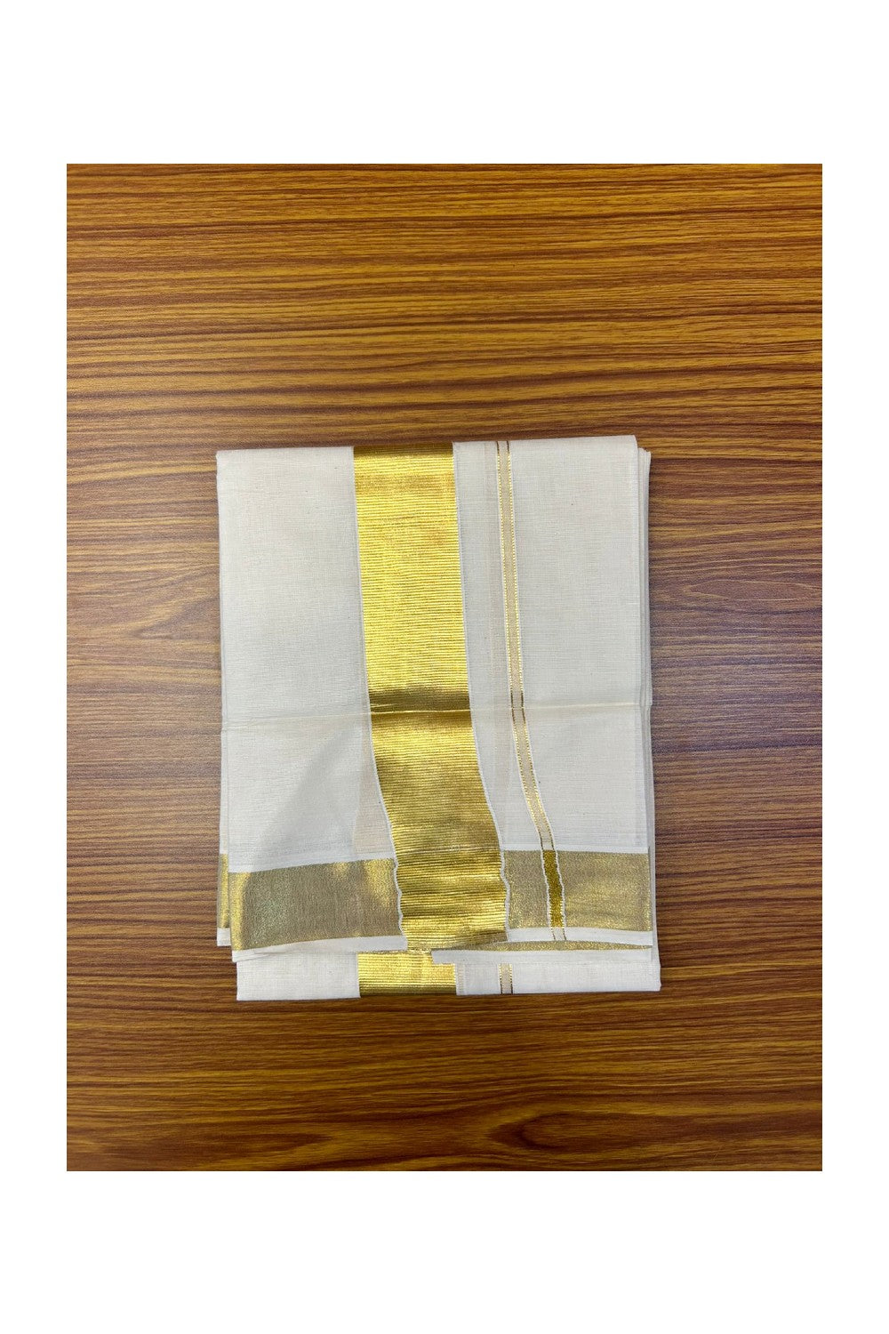 30% Discount !! KaithariKada Balaramapuram 100% Cotton Double Off White - (Unbleached) Mundu/Dhoti & Neriyath (80X72) -  2.75 inch Gold Kasavu kara - 2KK5064KK