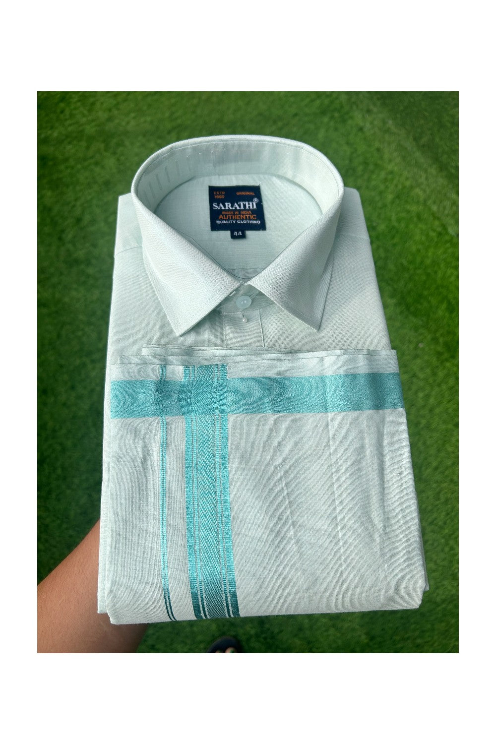 NEW! Kaitharikada Special - Pure Silk Men's Shirt & Set -Light Blue Green Full Sleeve shirt and Light Blue Green Dhothi with Blue Green Kasavu Kara- 2KK6003SAR