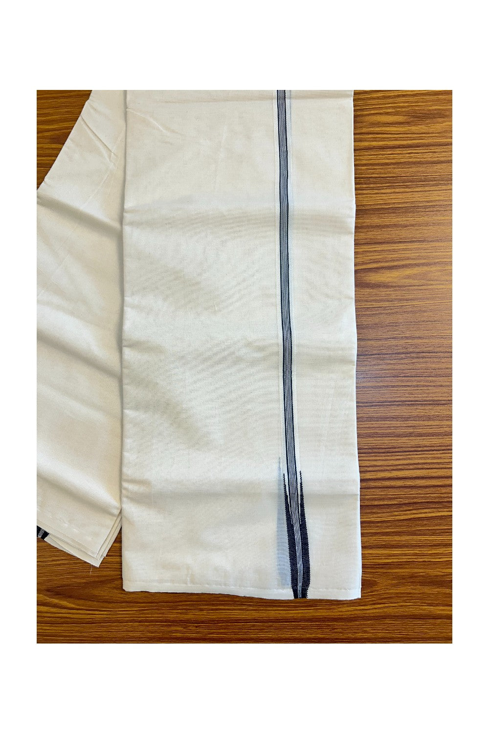 New!! 26% Discount ! KaithariKada Balaramapuram 100% Cotton Double Off white Mundu/Dhoti-100x100 Puliyilakkara 2.cm Chutty BLACK Striped kara - 22KK417ASH