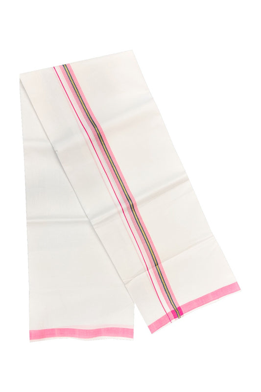 20% OFFER! KaithariKada 100% Cotton Balaramapuram HANDLOOM Single  PURE WHITE Mundu/Dhoti - 1.5 inch Pinkish Red Kasavu Kara & Blue Stripes Design - 20KAI.