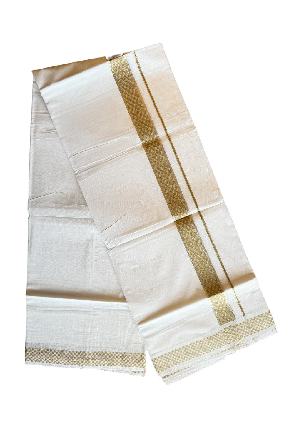 20% DISCOUNT! KaithariKada Balaramapuram 100% Cotton Double PURE white Mundu/Dhoti-100x100 2.25 inch Silver kasavu & Light Brown pattern Kara  - 20KK207PMC