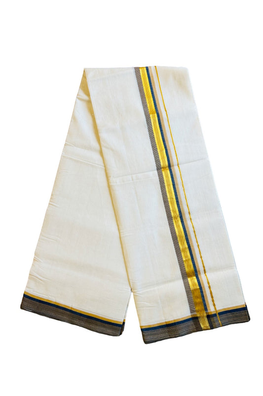 21% DISCOUNT! KaithariKada HANDLOOM UNAKKUPAAV Balaramapuram - 100% PURE Cotton Off White -  Double Mundu/Dhoti - Gold Kasavu & Navy Blue Orange Kara- 20KK403RAM