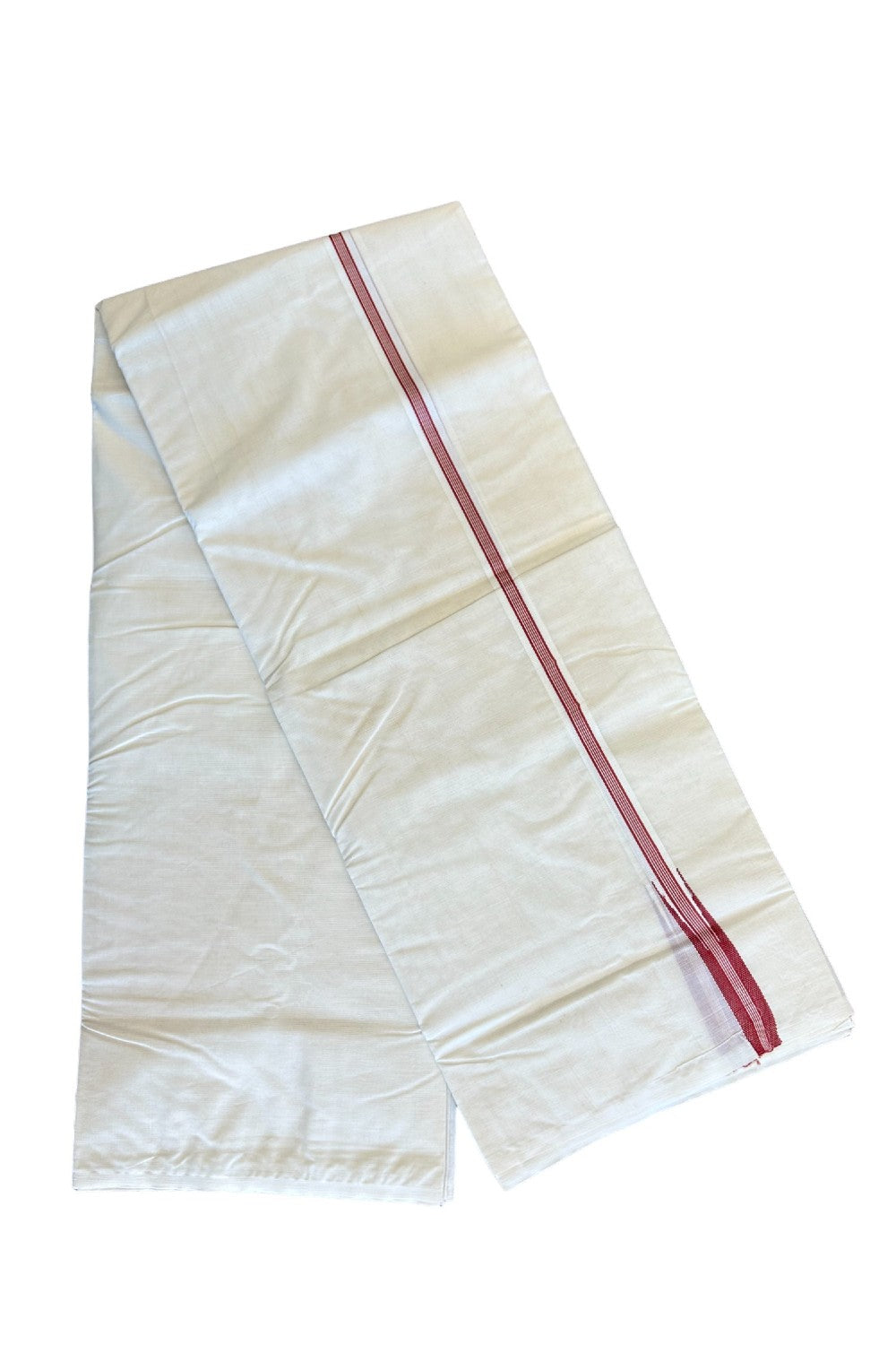 New!! 26% Discount ! KaithariKada Balaramapuram 100% Cotton Double Off white Mundu/Dhoti-100x100 Puliyilakkara 2.cm Chutty BRICK RED Striped kara - 20KK417ASH