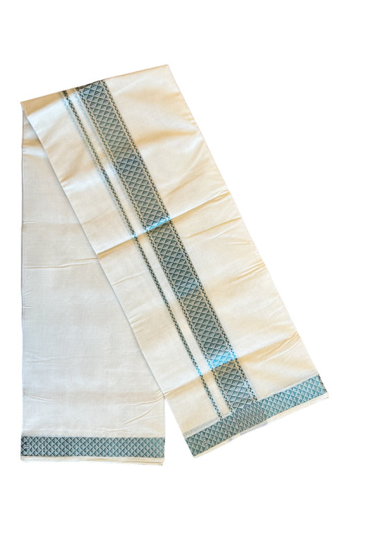 20% DISCOUNT!! KaithariKada HANDLOOM UNAKKUPAAV Balaramapuram - 100% PURE Cotton OFF White Double Mundu/Dothi - 2.75 Inch Peacock Blue & silver pattern Kara - 20KK456KK