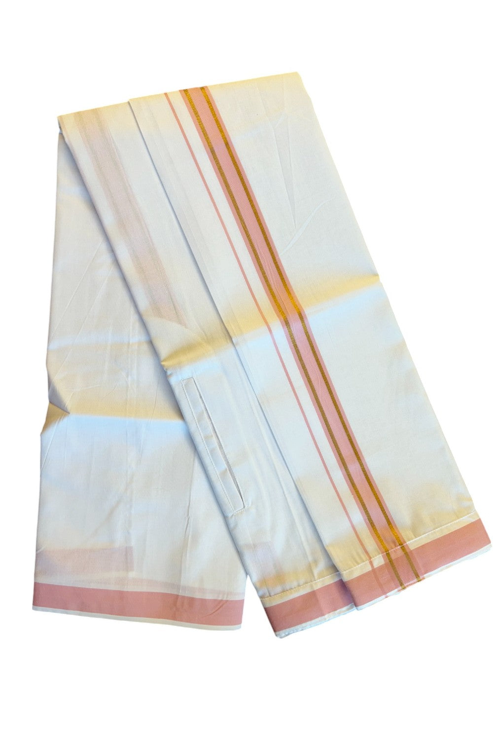 KaithariKada Balaramapuram  COTTON SINGLE PURE WHITE VELCRO Mundu/Dhoti - 1.75inch  Pink & Kasavu kara - 20KK485SRI