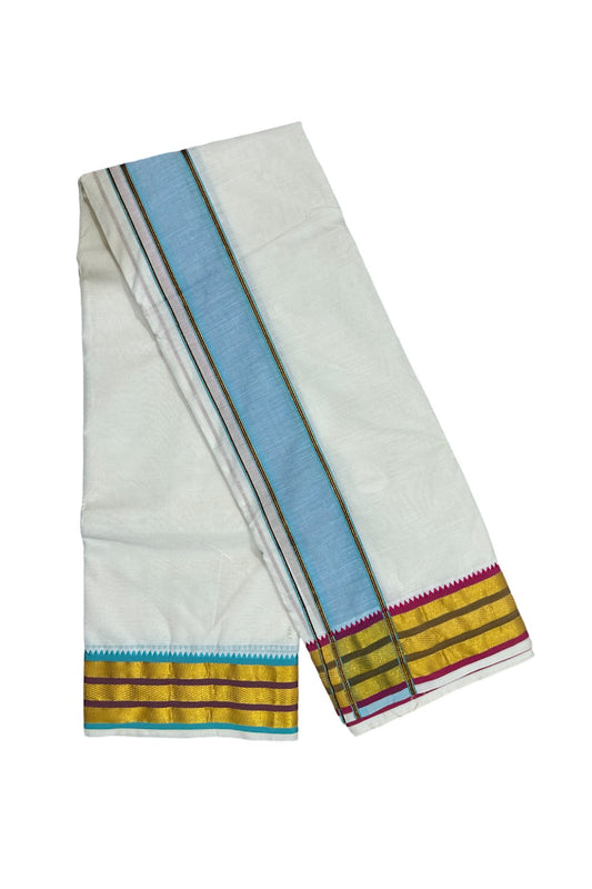 36% DISCOUNT! KaithariKada Cotton Mix  Off White - (Unbleached) 80x80 thread - 80% Cotton &  20% Polyester. NORTH INDIAN - ATTACHED GAMCHA 9X5 Dhoti 3.5 inch Blue kara with Pink Kasavu border  - 20KK5005PMC