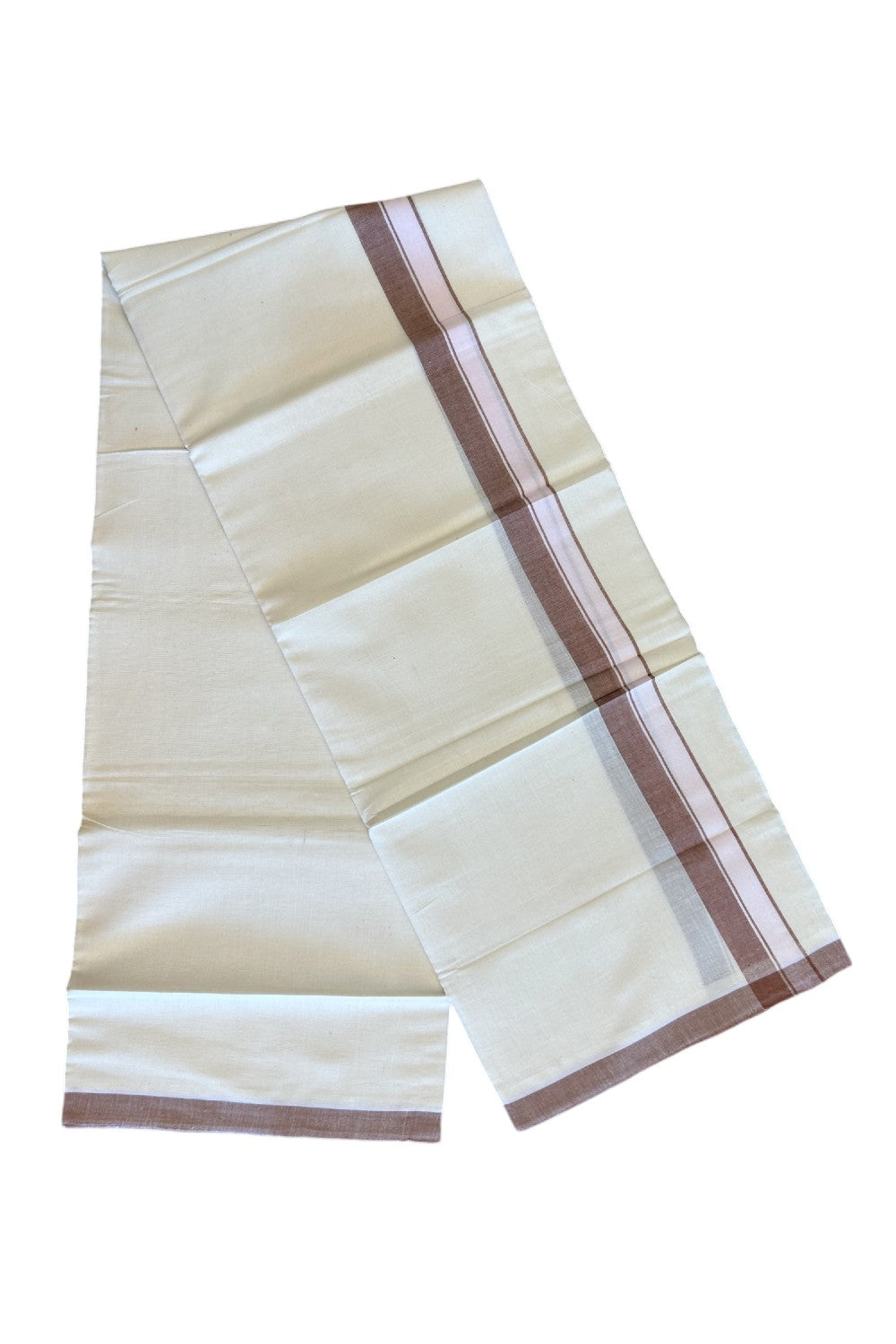 10% DISCOUNT! KaithariKada Balaramapuram 100% Cotton Double Off white Mundu/Dhoti-100X100- 1.75  inch Brown Kara- 20KK500KK